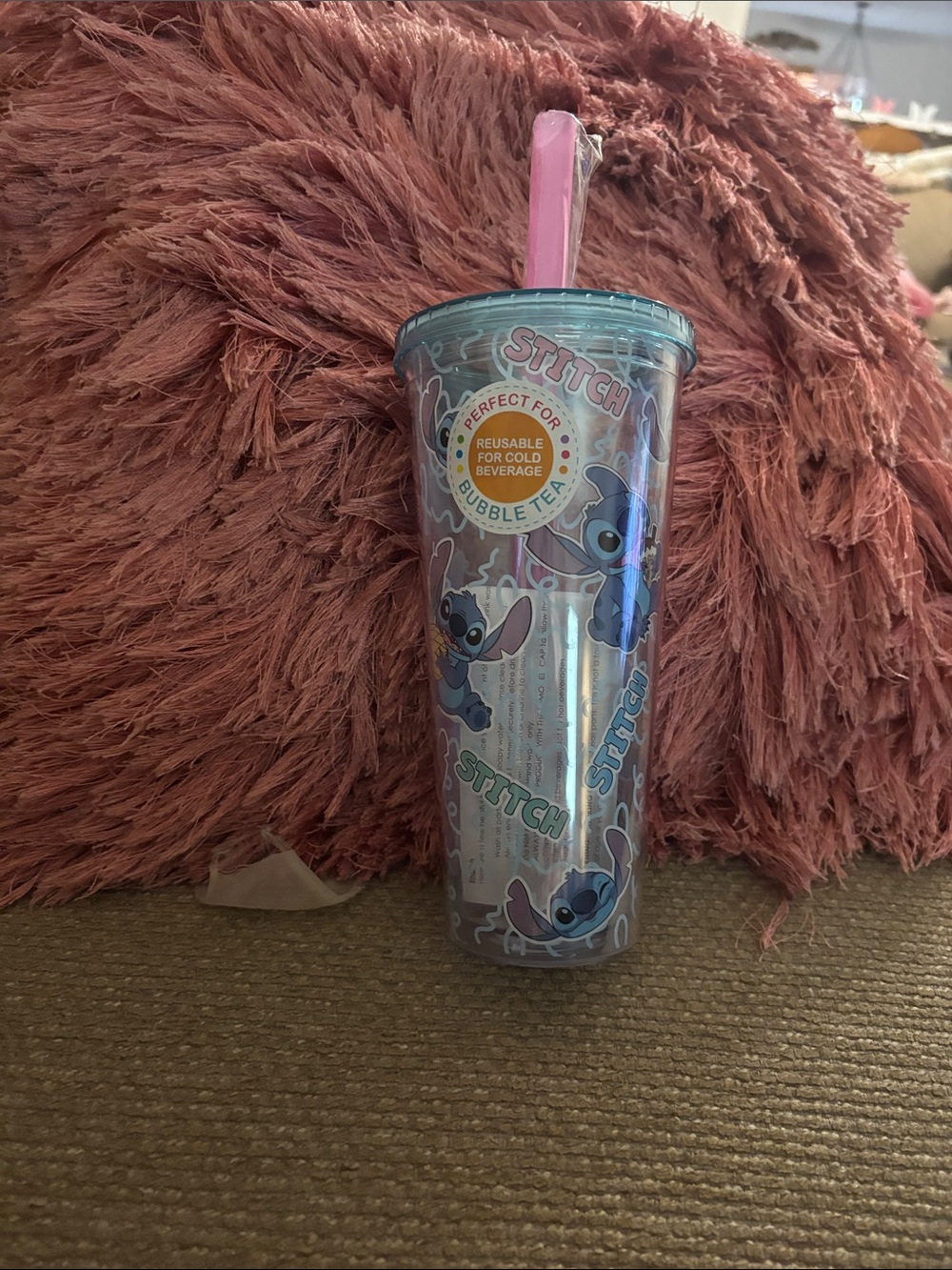 Disney Stitch Reusable Tumbler with Pink Straw and Blue Lid